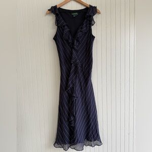 Ralph Lauren Blue and White Sleeveless Ruffled front Silk Dress